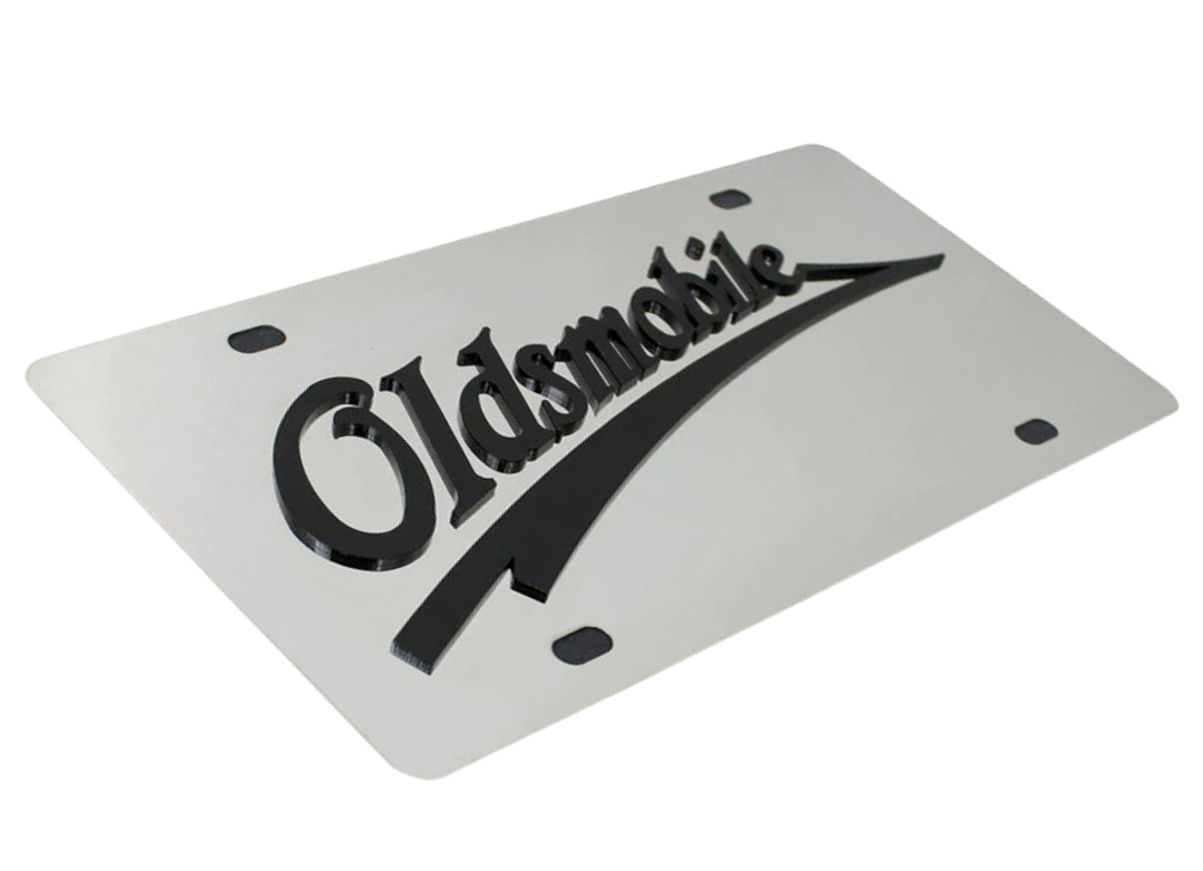 Oldsmobile Retro Script 3D Emblem Mirrored Chrome License Plate Official License