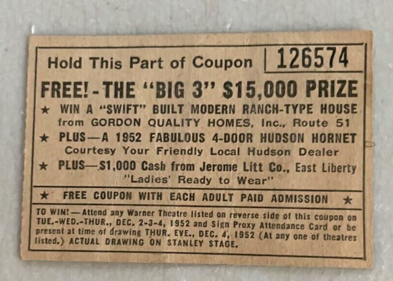 Pittsburgh PA Ticket 1952 Hudson Hornet Etna Ambridge Oakland Dormont Northside