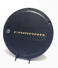Chevrolet Camaro 2010-15 Billet Black Locking Fuel door with Yellow Camaro logo picture