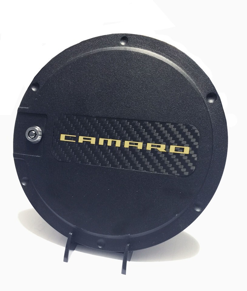 Chevrolet Camaro 2010-15 Billet Black Locking Fuel door with Yellow Camaro logo