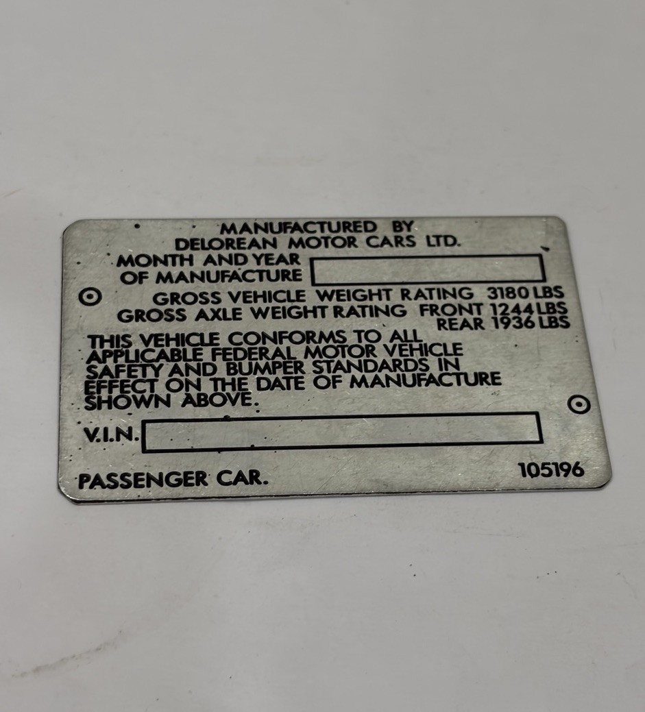 Data Plate Sign DeLorean DMC S101 Gullwing Back To The Future