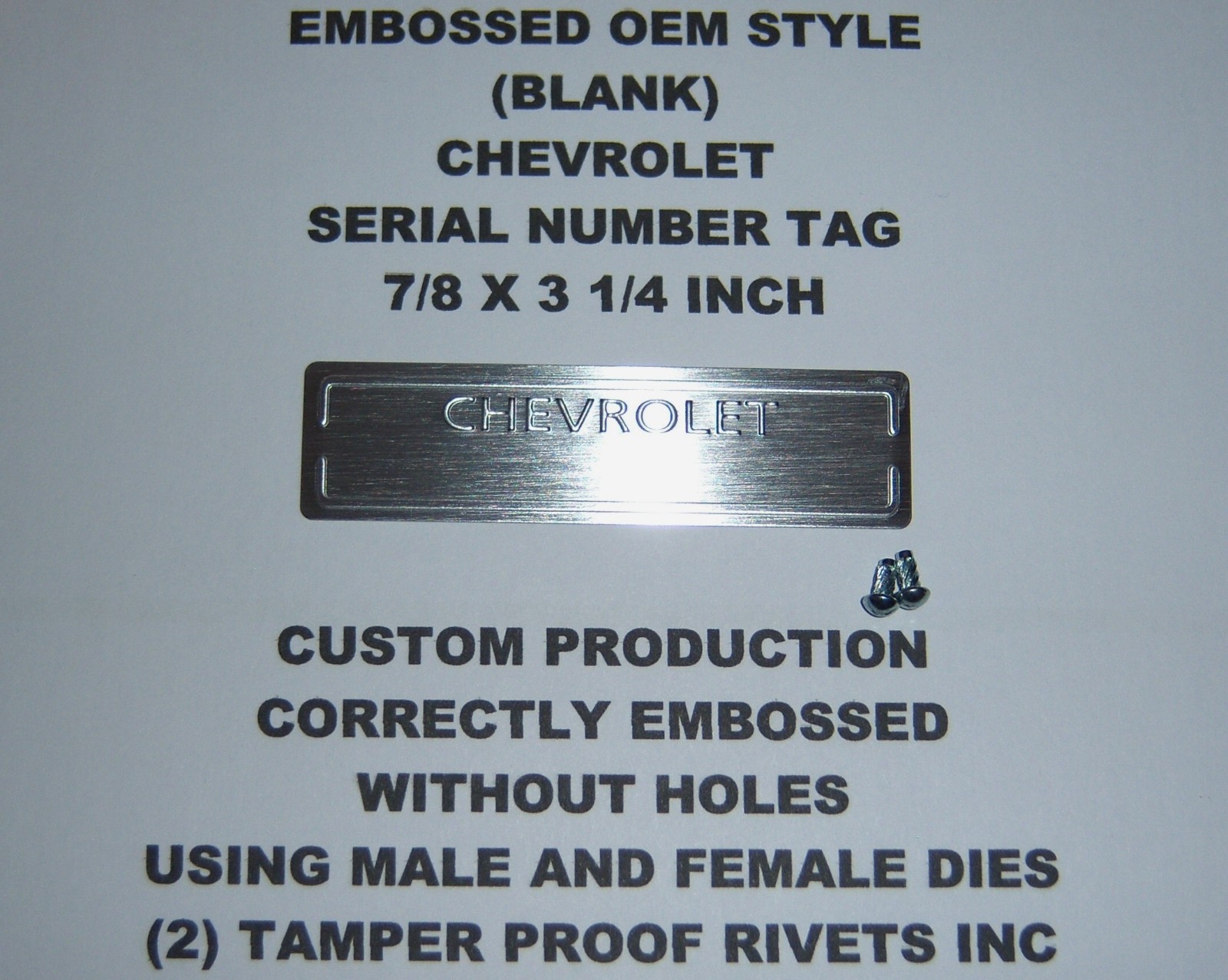CHEVY CHEVROLET DOOR DASH TAG DATA SERIAL NUMBER VIN PLATE EMBOSSED (BLANK) USA