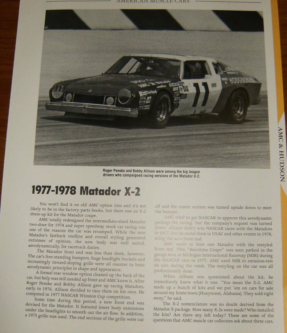 1977-78 AMC MATADOR X-2 SPECS INFO PHOTO 77 1978 X2 PENSKE AMERICAN MOTORS