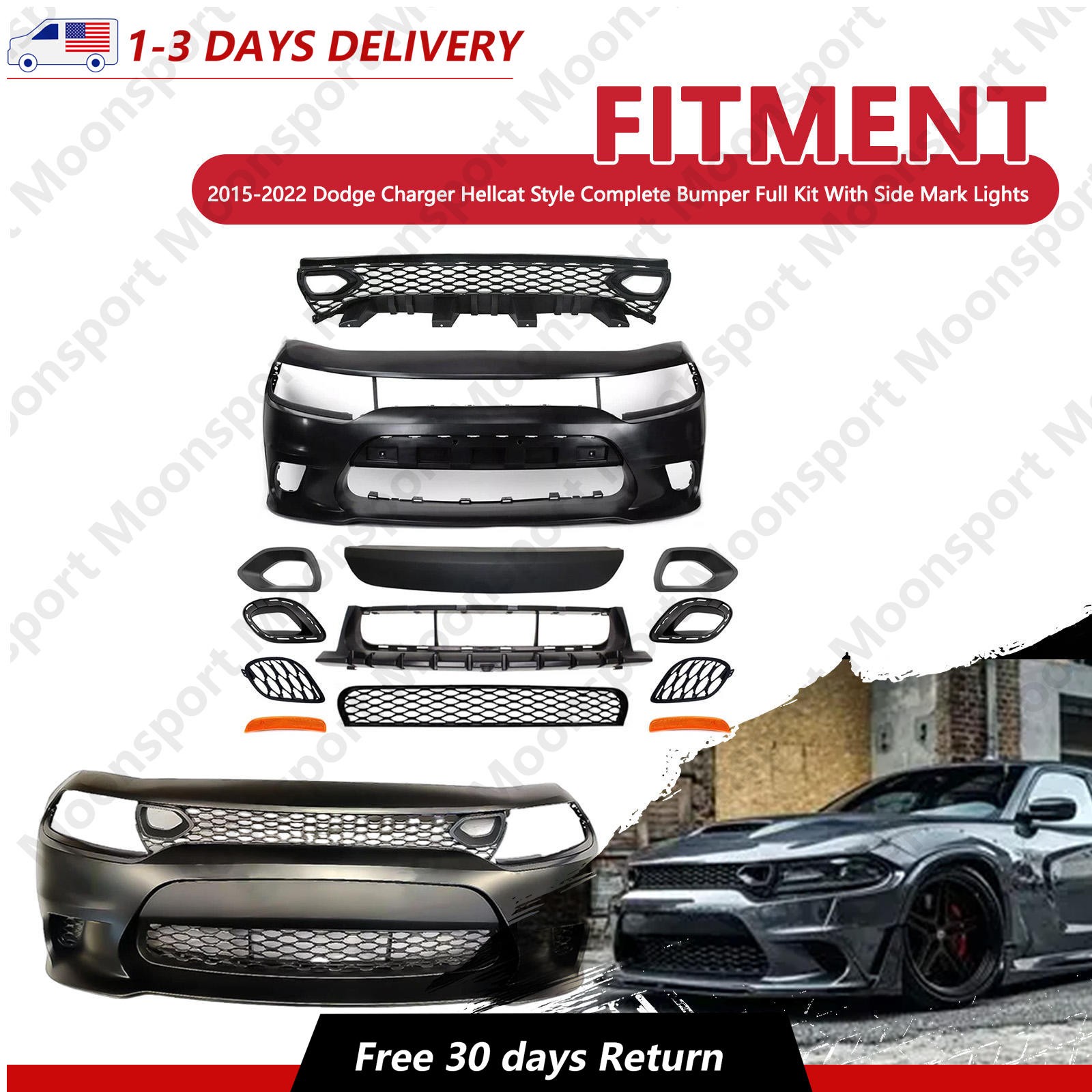 Fits 2015-2022 Dodge Charger Front Bumper Kit Hellcat Style W/ Side Mark Lights