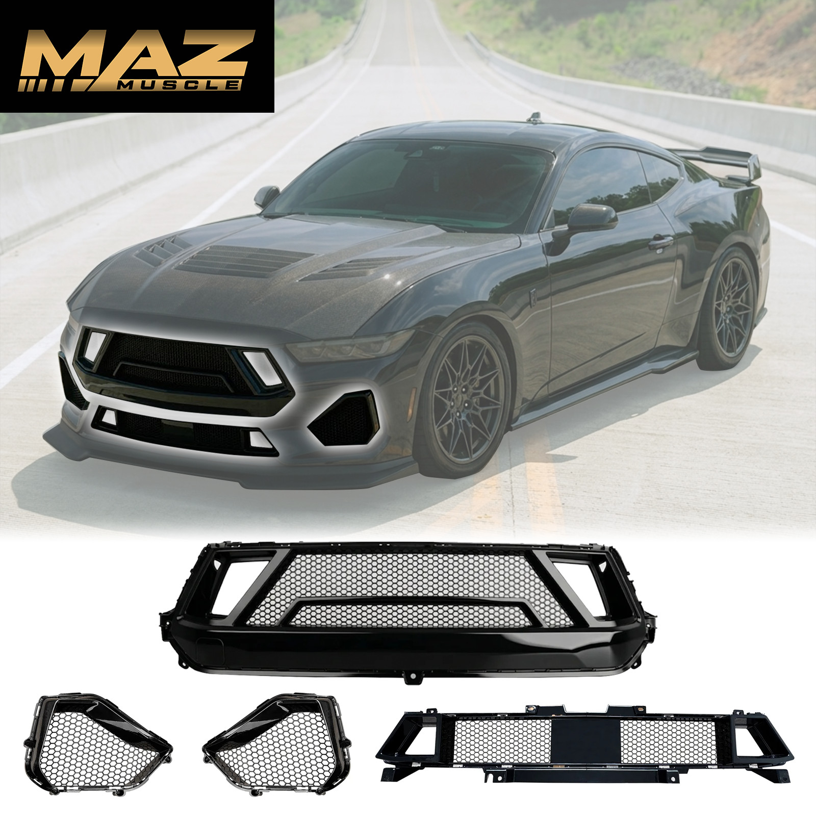 2024-2026 Ford Mustang GT S650 Shelby Front Grille Kit 4Piece Gloss Black BoltOn