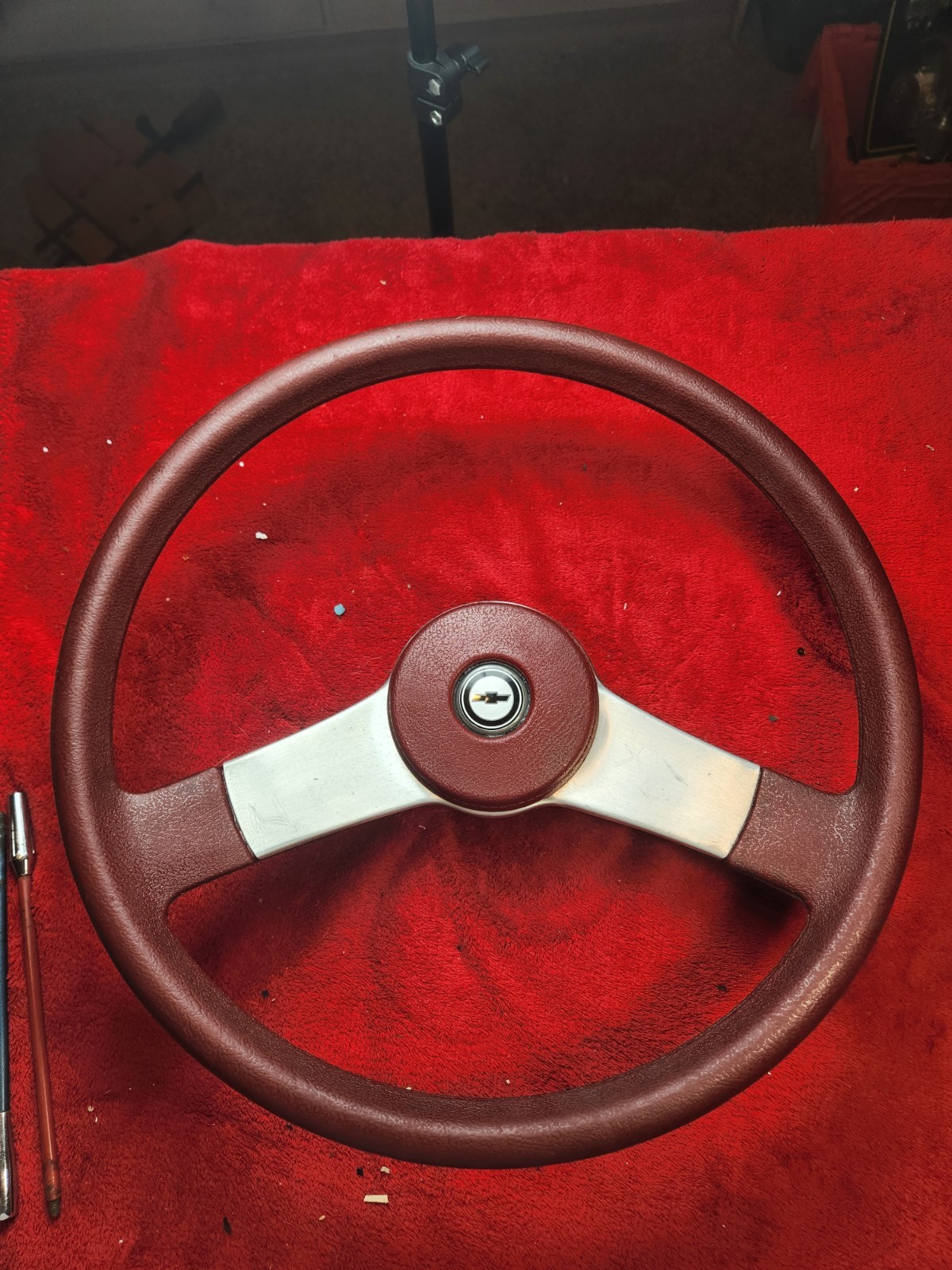 1976-1981 Red Chevy Chevette Steering Whl Horn Cap Button Two Spoke Brushed Trim