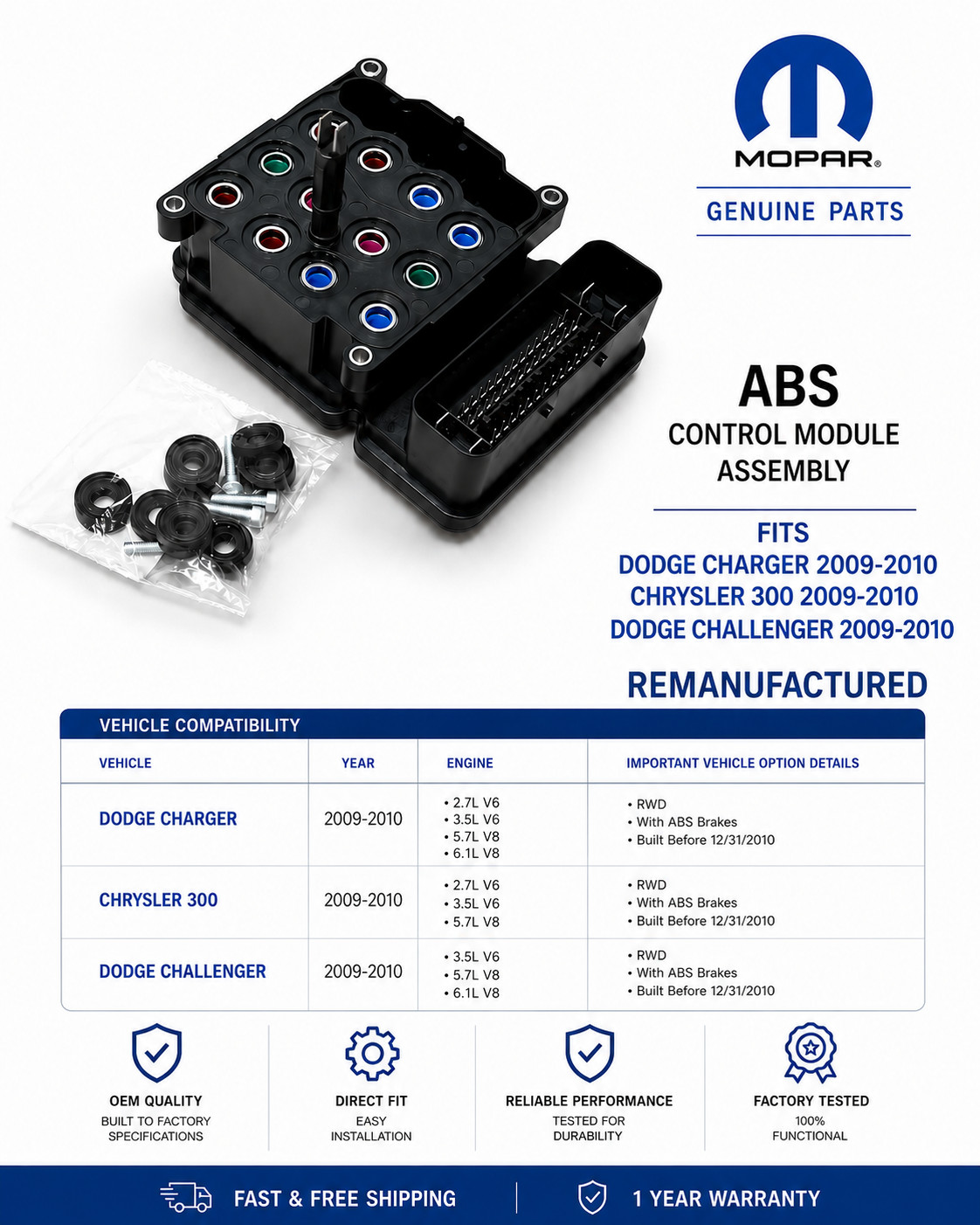 Dodge Charger/Challenger/ Chrysler 300 Abs Module 2009-2010 68067398AB