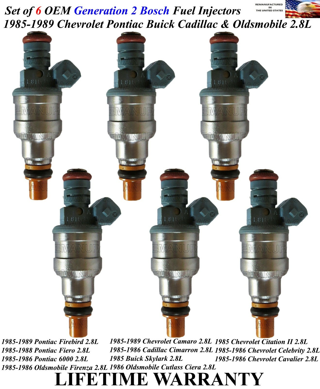 OEM Gen2 Bosch Set of 6 Fuel Injectors For 1985-1986 Oldsmobile Firenza 2.8L V6