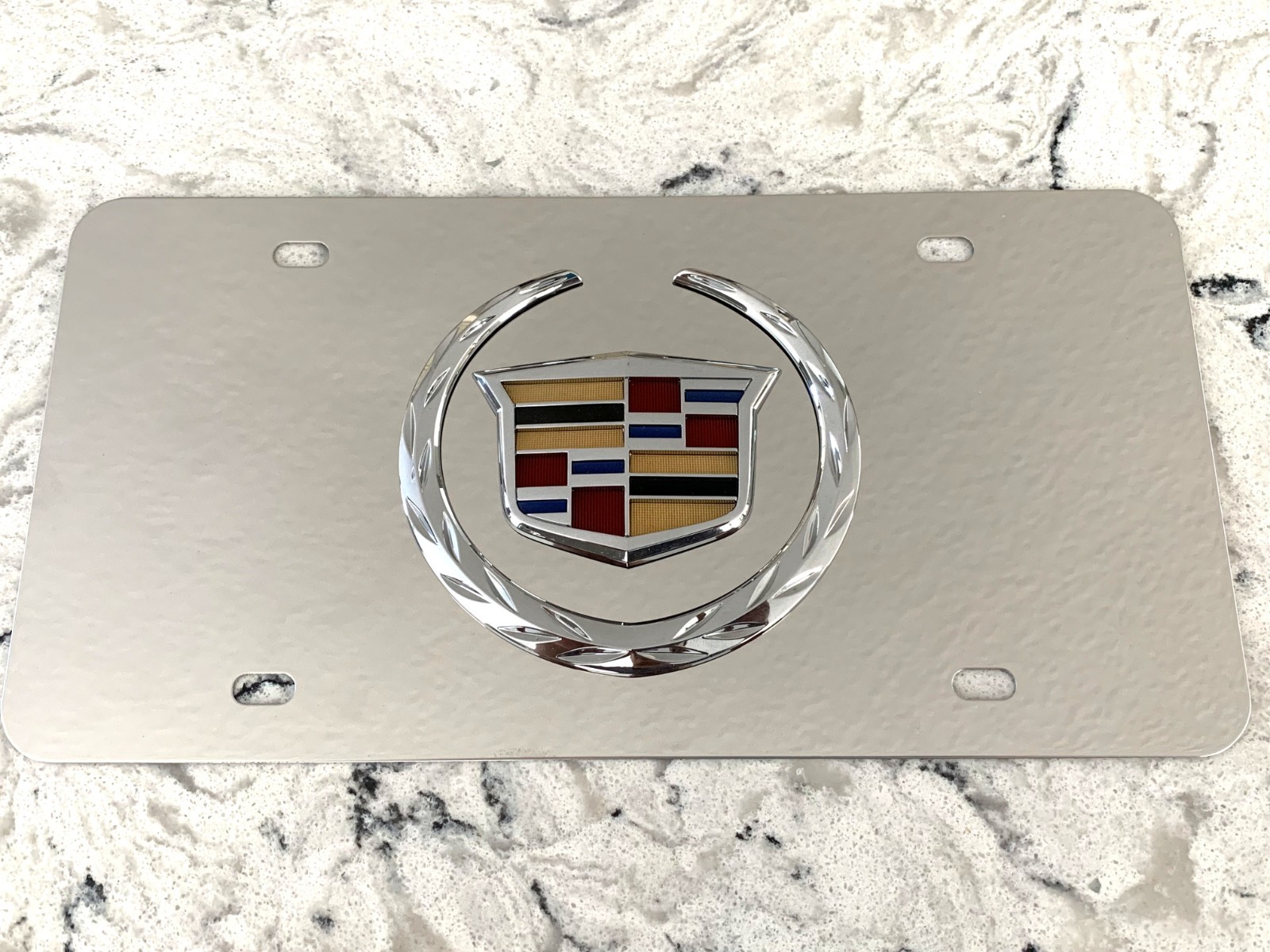 Cadillac Crest 3D Logo on Mirror Chrome Stainless Steel Front License Plate Caps