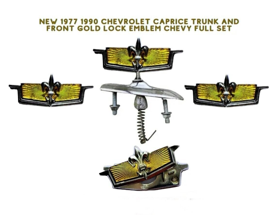 CHEVROLET CAPRICE TRUNK AND FRONT NEW 1977 1990 GOLD LOCK EMBLEM CHEVY FULL SET