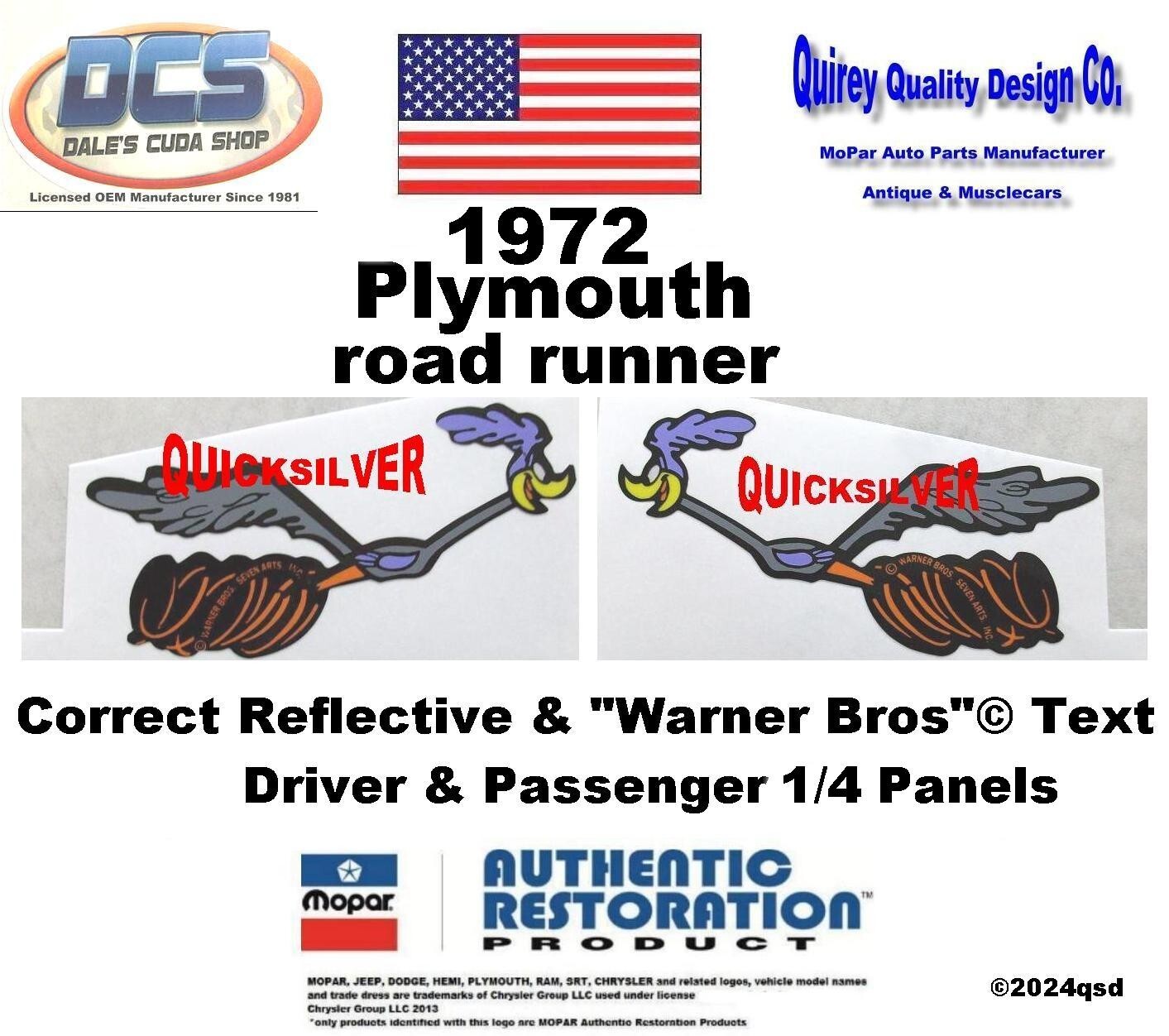 1972 Plymouth Road Runner Reflective Running Bird Set 2964112 + 113 New MoPar US