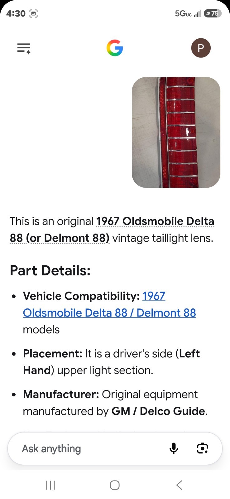 NOS 1967 Oldsmobile Delta 88 RIGHT TAIL LIGHT LENS Please see description&pics.