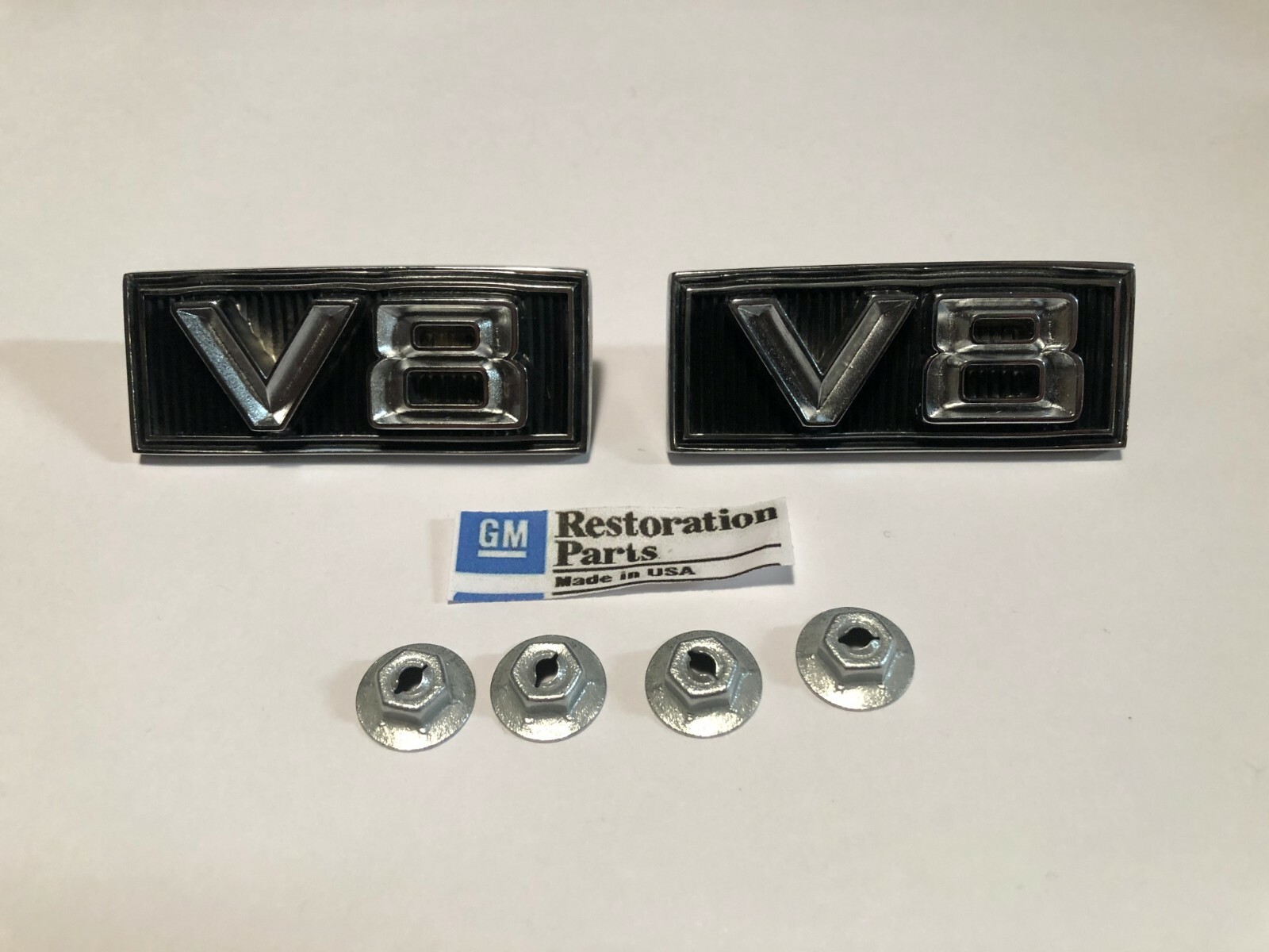 67 Pontiac Beaumont Canso Fender V-8 Emblems Pair # 3393918.   1967