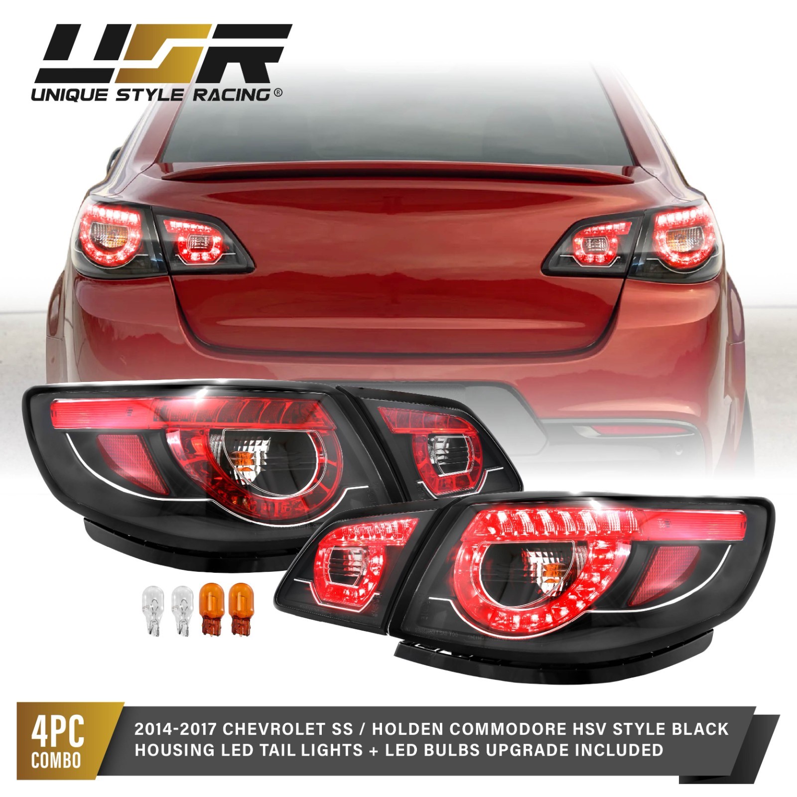 BLK Housing RED LED OE Holden Commodore Style Tail Light 4pc For 14-17 Chevy SS